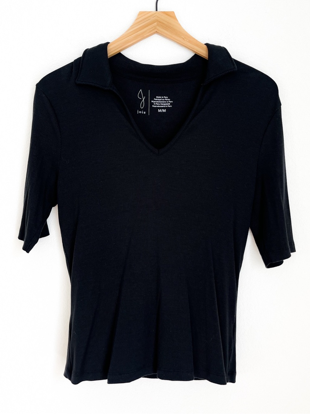 Joie Black Ribbed Modal V Neck Foldover Collar Top Medium